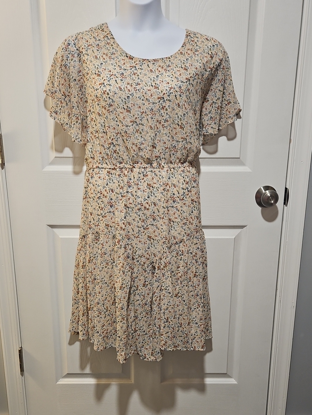 Floral Cream Mini Dress with Flutter Sleeves